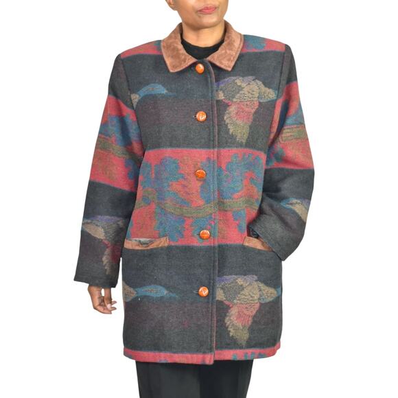 VINTAGE Flytime Tapestry Mallard Coat Italy Wool Duck Foliage Oversized Medium - Picture 1 of 16
